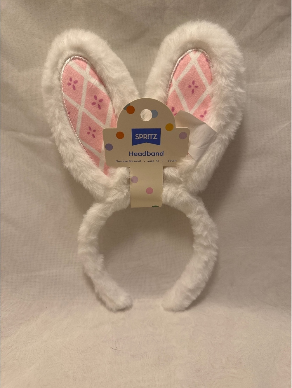 Spritz Bunny Ears Headband with Pink Argyle Pattern